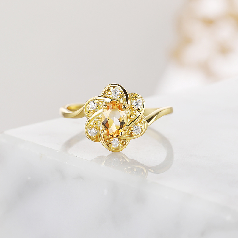 S925 six petal yellow crystal ring