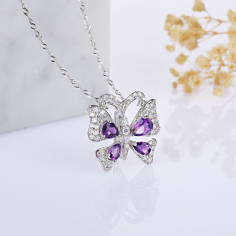 Noble and luxurious 925 silver butterfly dancing Amethyst Pendant